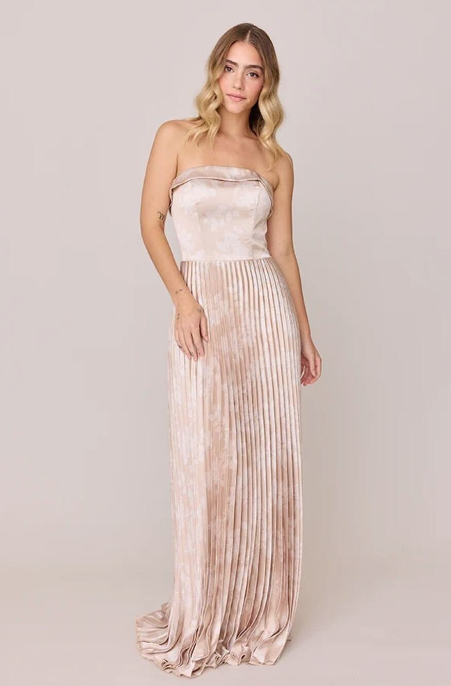 REVELRY Saylor Satin Pleated Floral Dress Gold Champagne Bouquet Sz 10 NWT {S1}